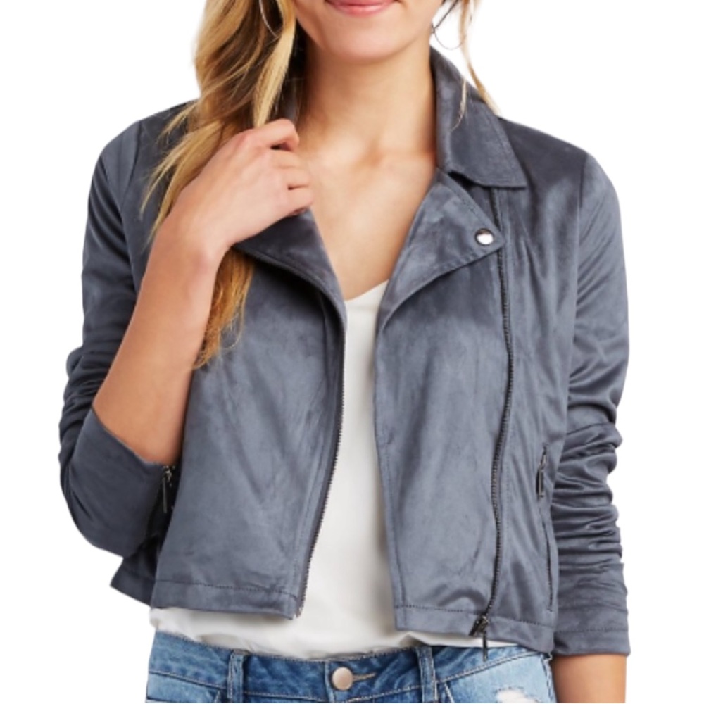Women's Blue Gray Faux Suede Moto Jacket